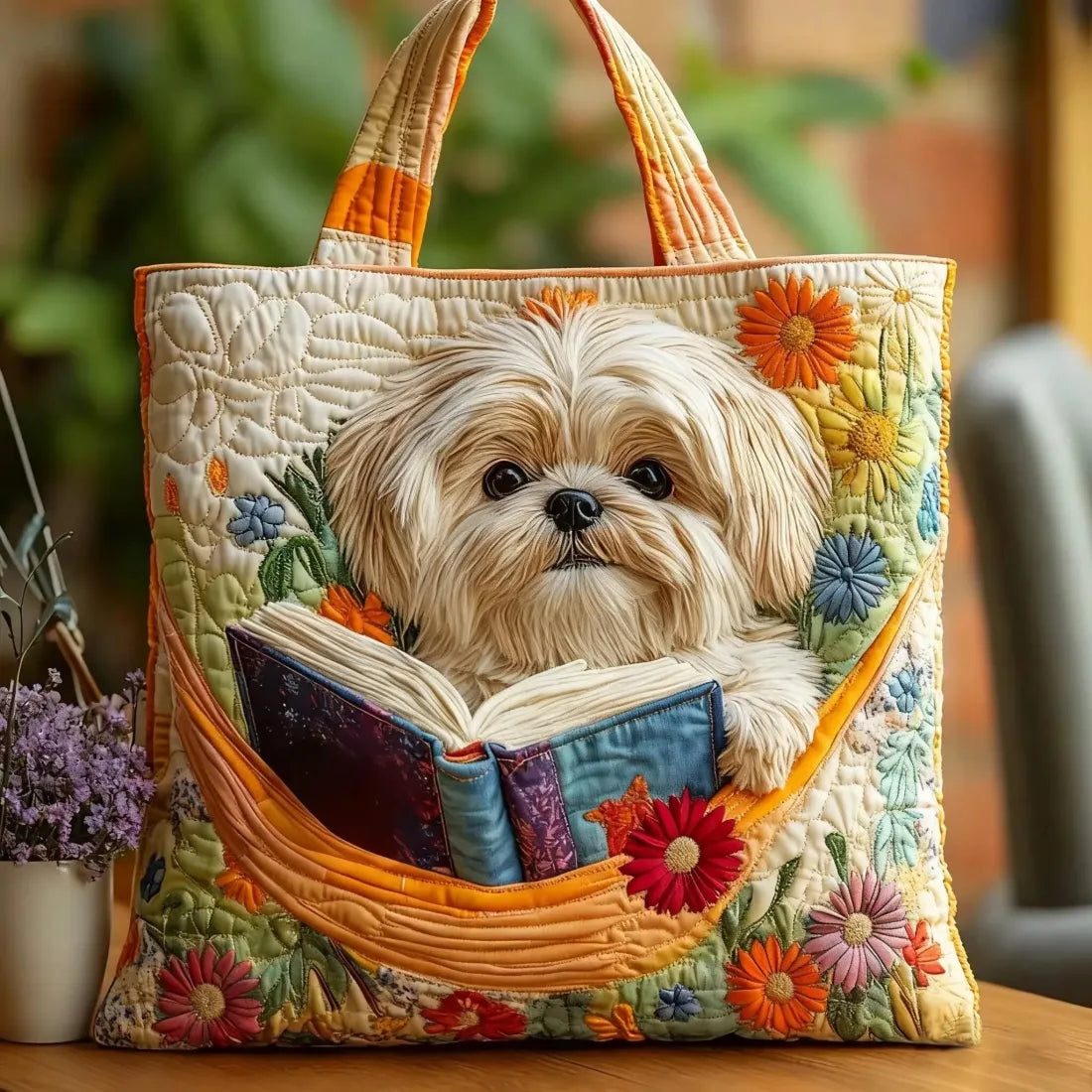 Handgjord väska – Shih tzu med böcker och blommor