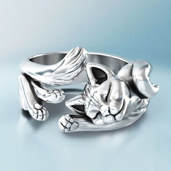 Vintage silverring med kattdesign
