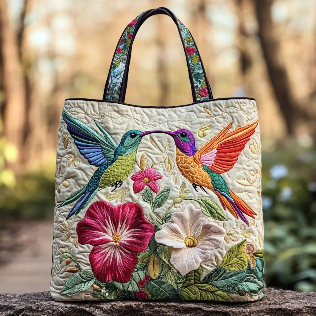 Quiltad väska – Kolibrier och vita blommor