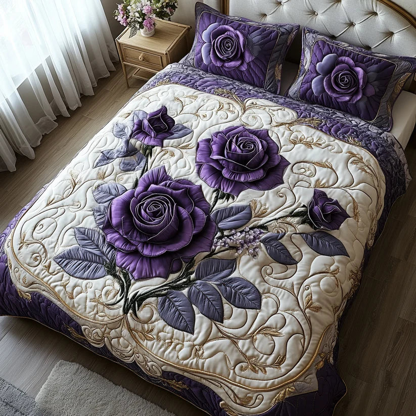 Quiltat sängklädesset i 3 delar – Rosa viol
