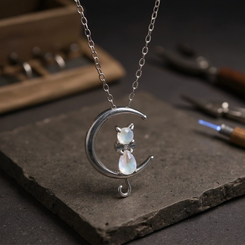 Halvmånehalsband med månsten och kattdesign