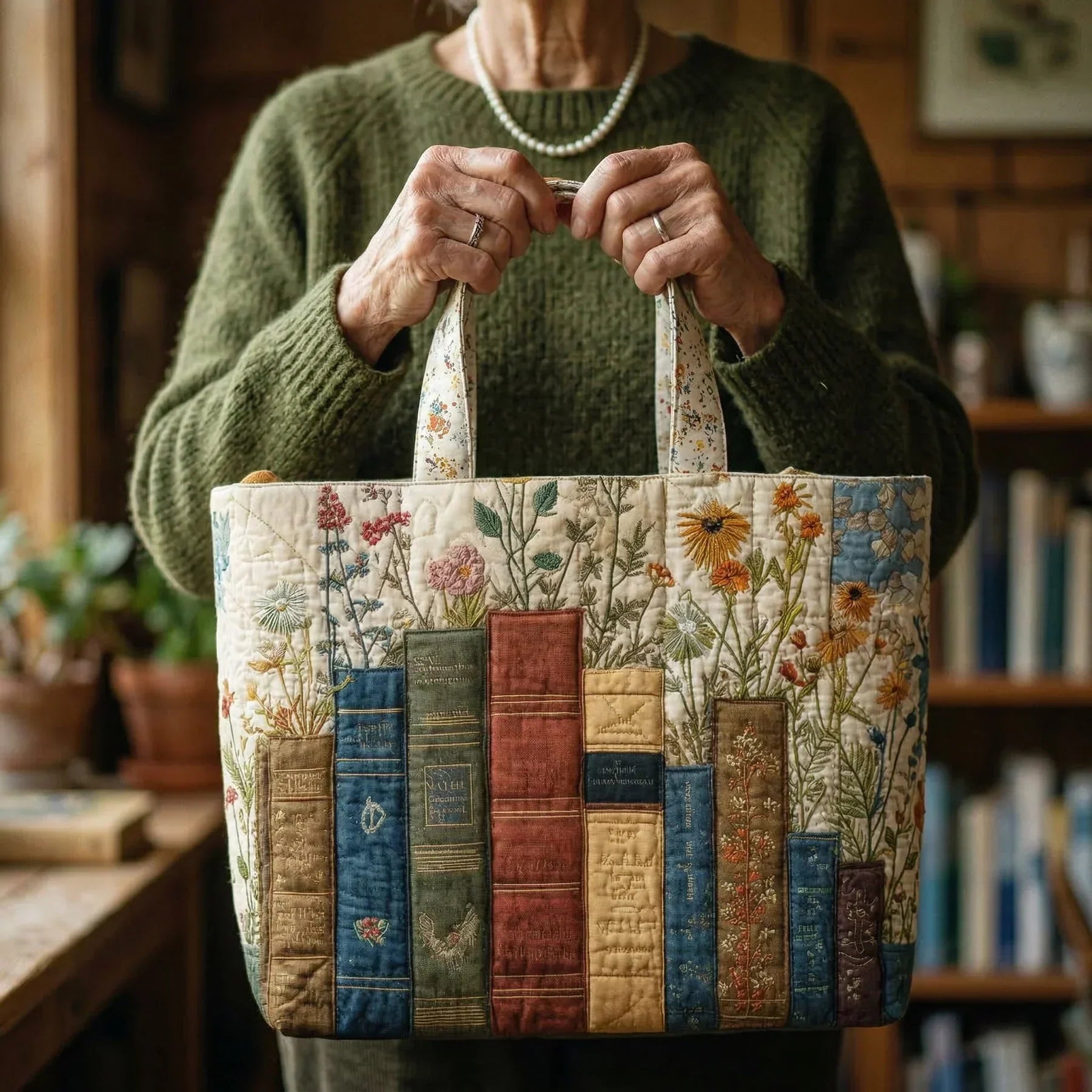 Handgjord quiltad väska – Böcker och blommor