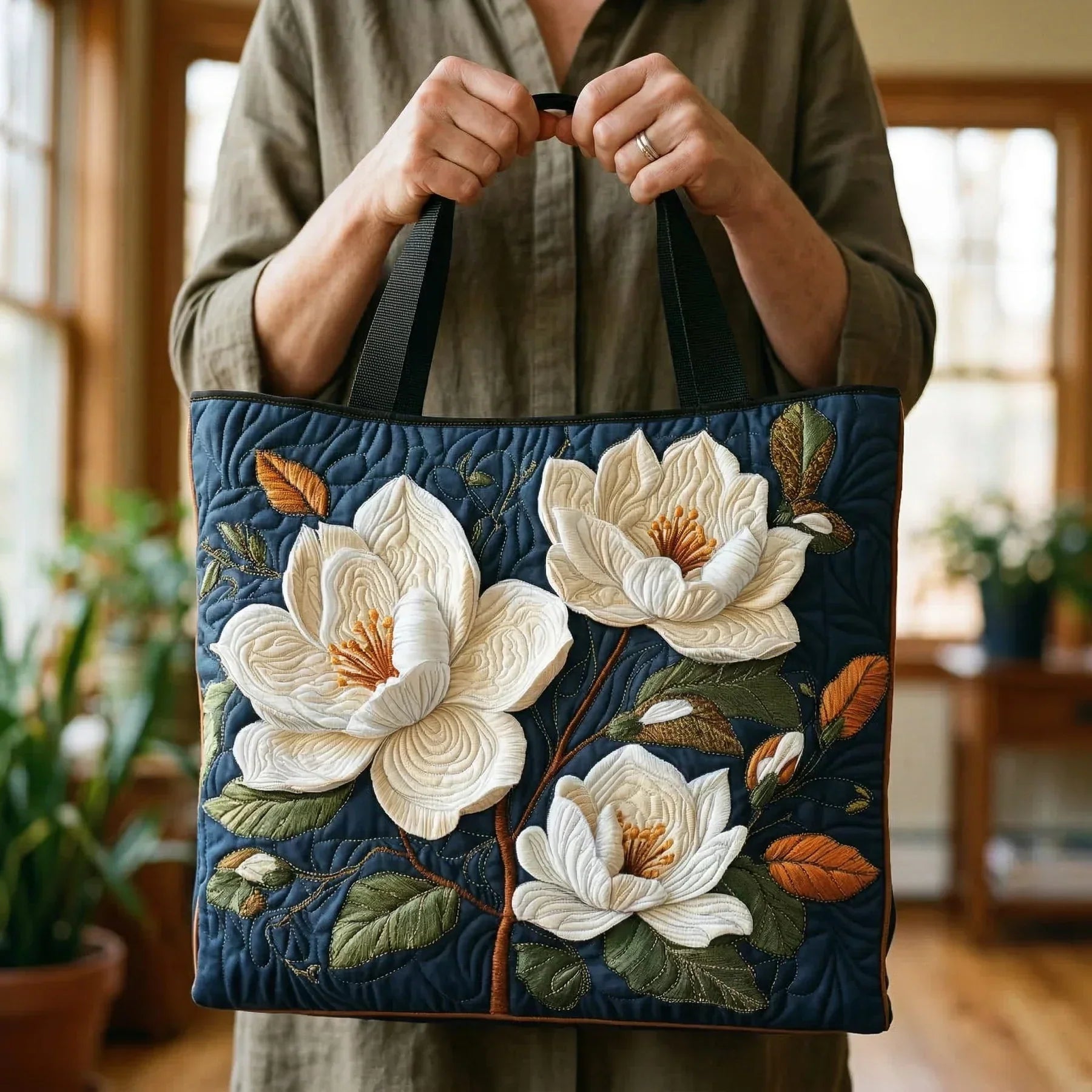 Handgjord quiltad väska – Delikat magnolia
