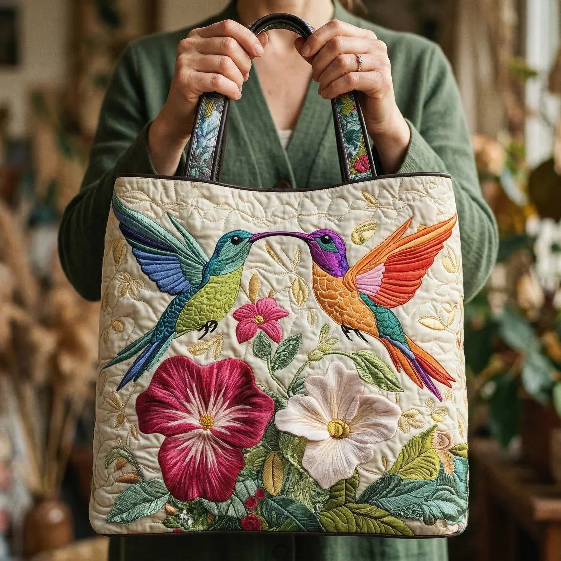 Quiltad väska – Kolibrier och vita blommor