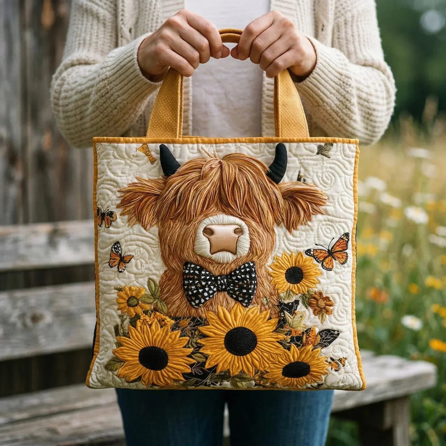 Quiltad väska – Highlandsko och solrosor