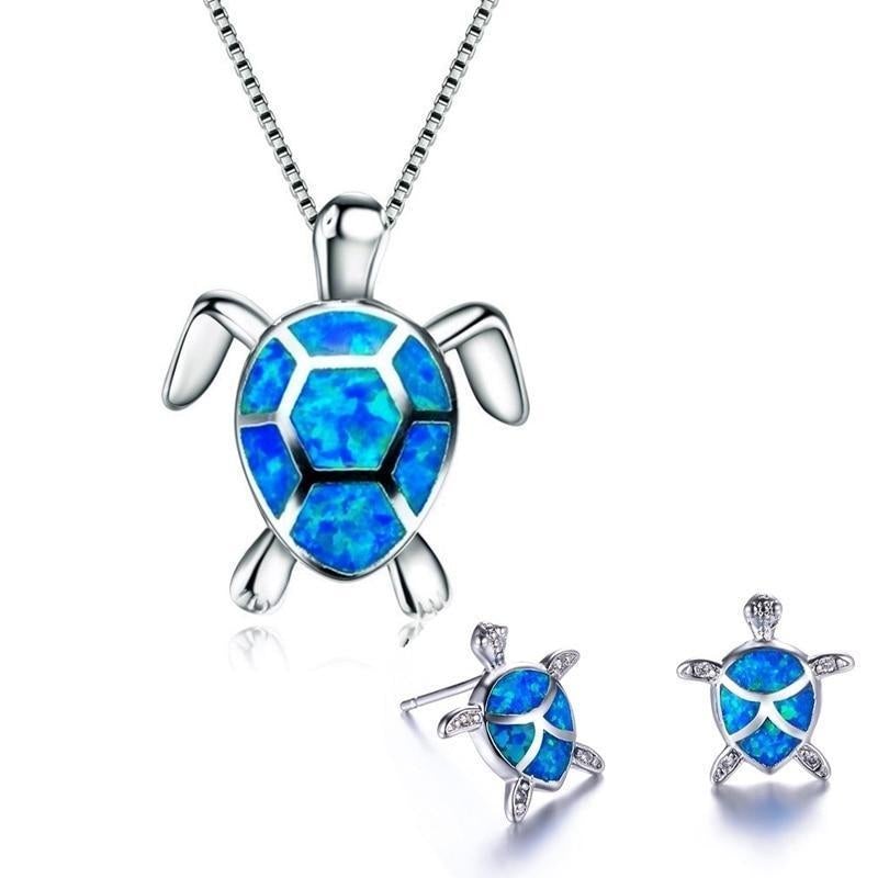 Set med halsband och örhängen havssköldpadda i opal och silver – Kolibrihalsband med matchande örhängen