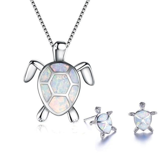 Set med halsband och örhängen havssköldpadda i opal och silver – Kolibrihalsband med matchande örhängen