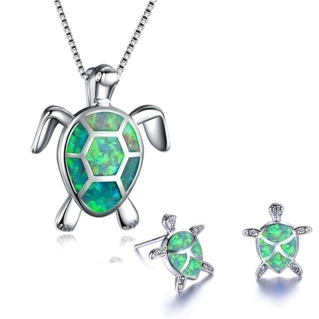 Set med halsband och örhängen havssköldpadda i opal och silver – Kolibrihalsband med matchande örhängen