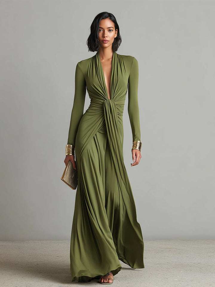 Olive Silk Maxi Dress V-Neck