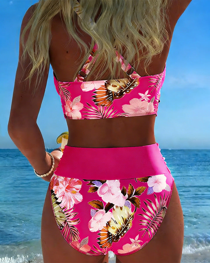 Bikini with Contrasting Floral Pattern and Split