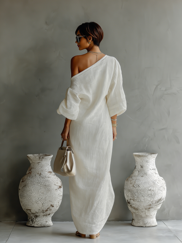 Ivory Linen Dress Off-Shoulder