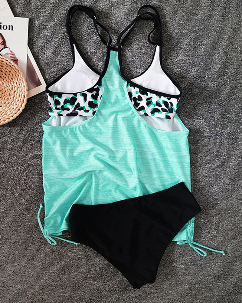 Augustus - Solid Coloured Tankini with Leopard Print
