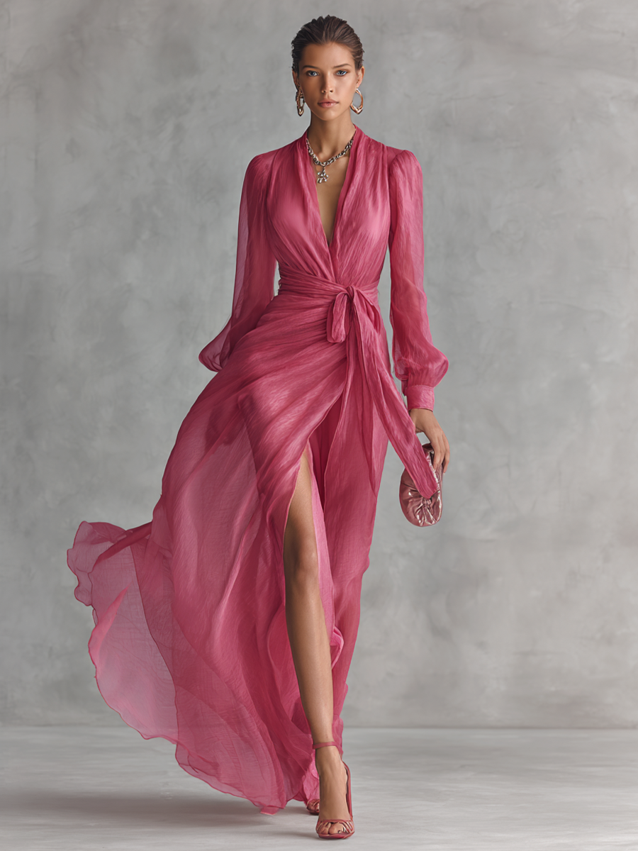 Rose Chiffon Dress with V-Neck
