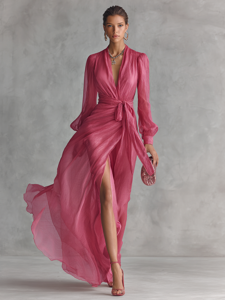 Rose Chiffon Dress with V-Neck