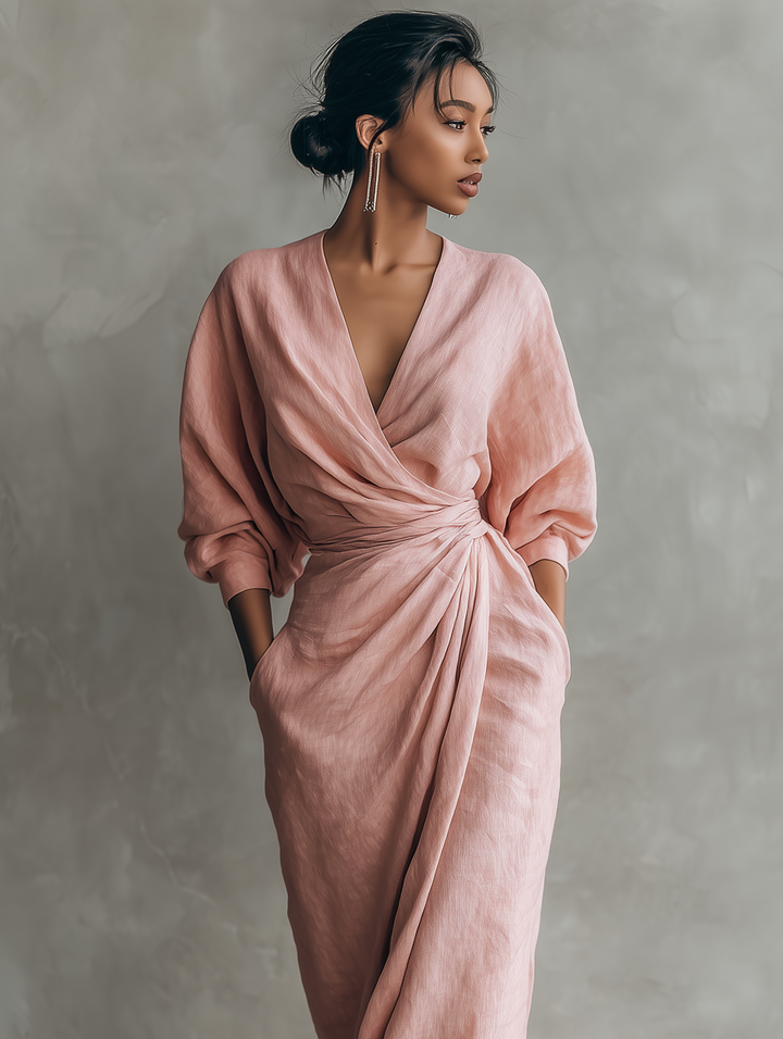 Rose Linen V-Neck Maxi Dress