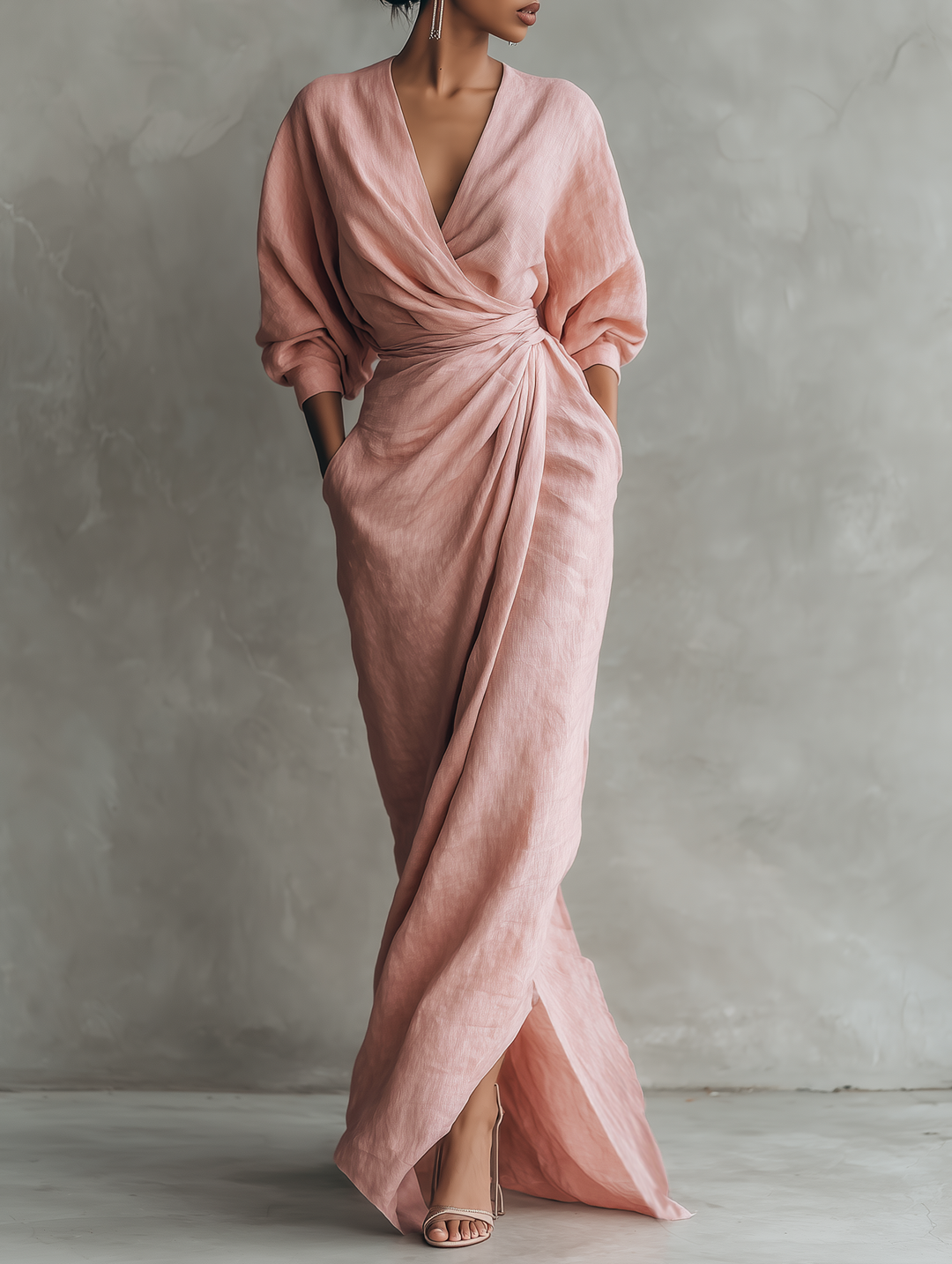 Pink Linen Maxi Dress V-Neck