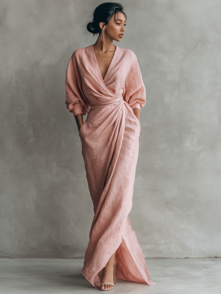 Pink Linen Maxi Dress V-Neck
