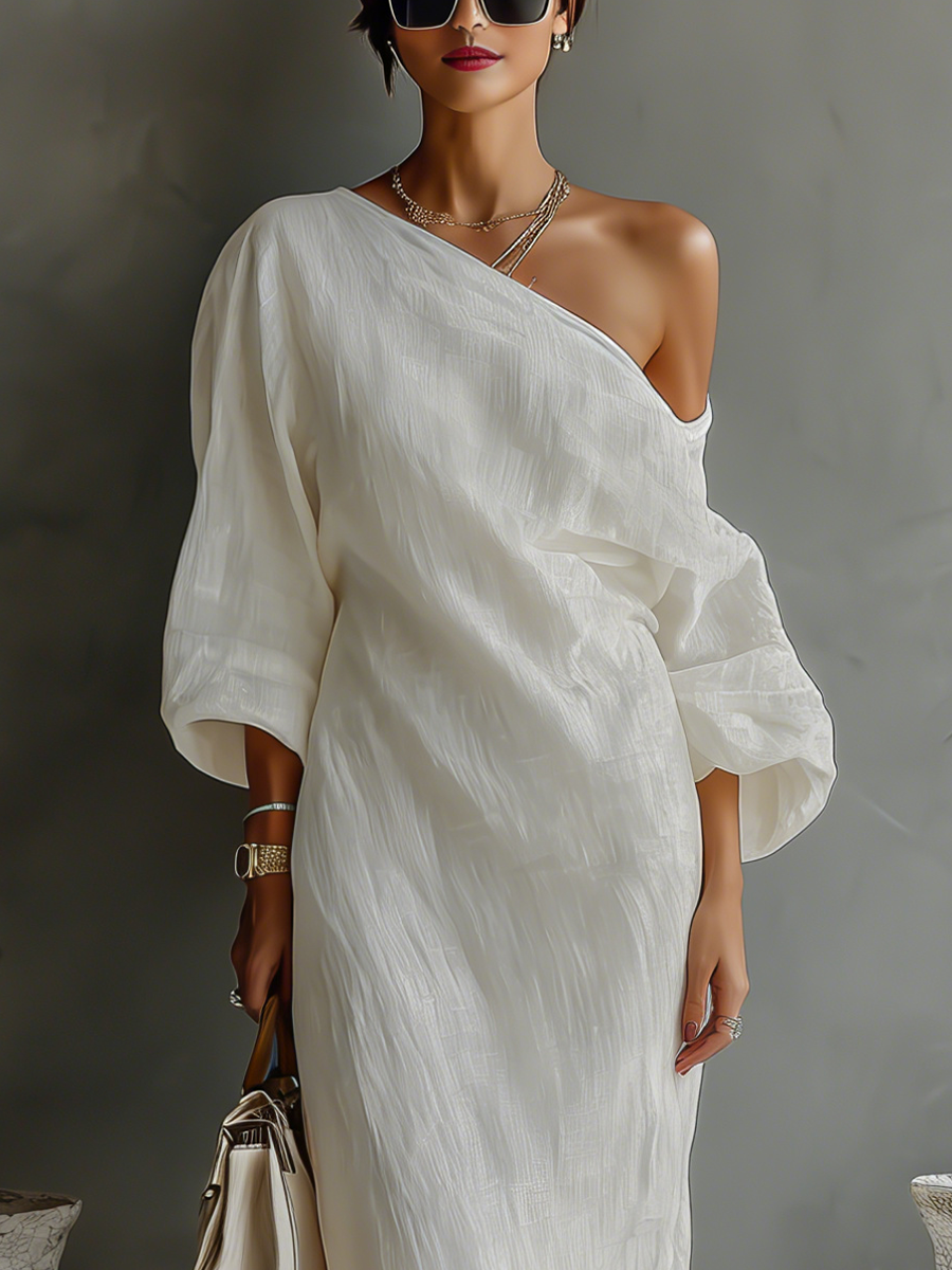 Ivory Linen Dress Off-Shoulder