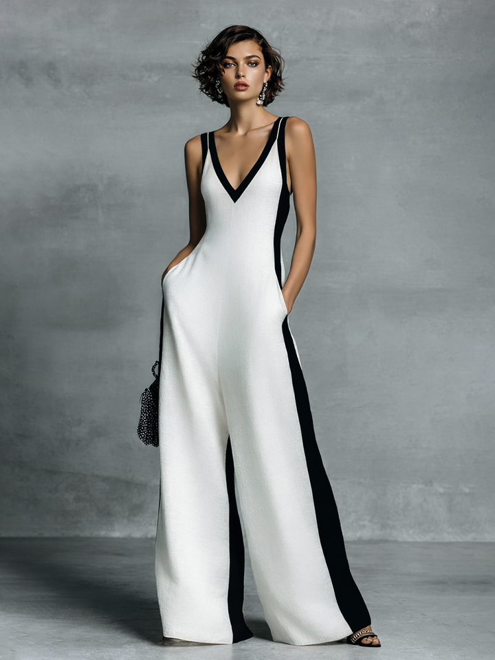 Celine | Black & White Color-Block Wide-Leg Jumpsuit