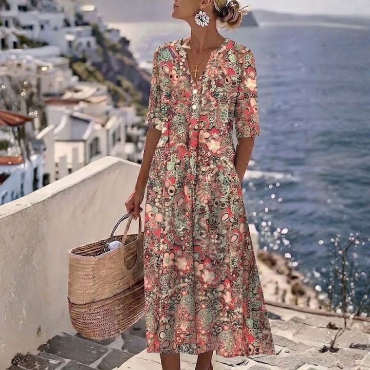 Janice™ | Elegant Summer Midi Dress with Belly Cover
