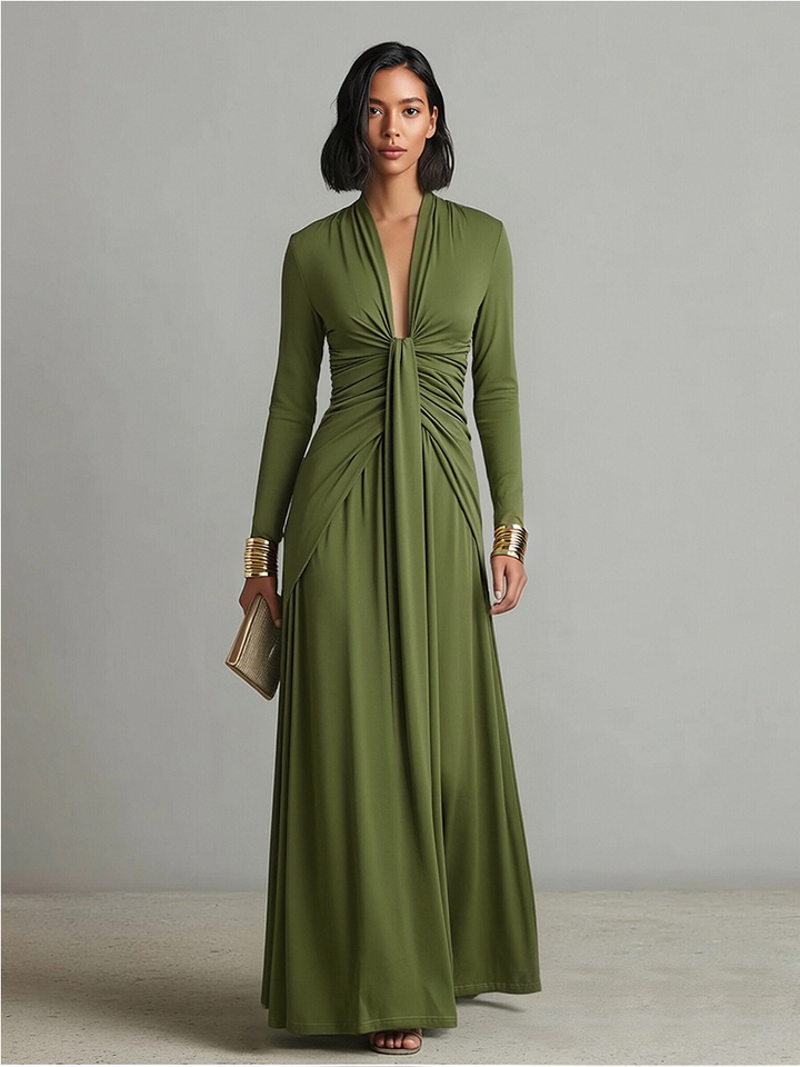Olive Silk Maxi Dress V-Neck
