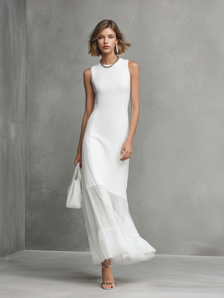 Elegant White Sleeveless Dress for Women with Milk Silk and Chiffon Panels