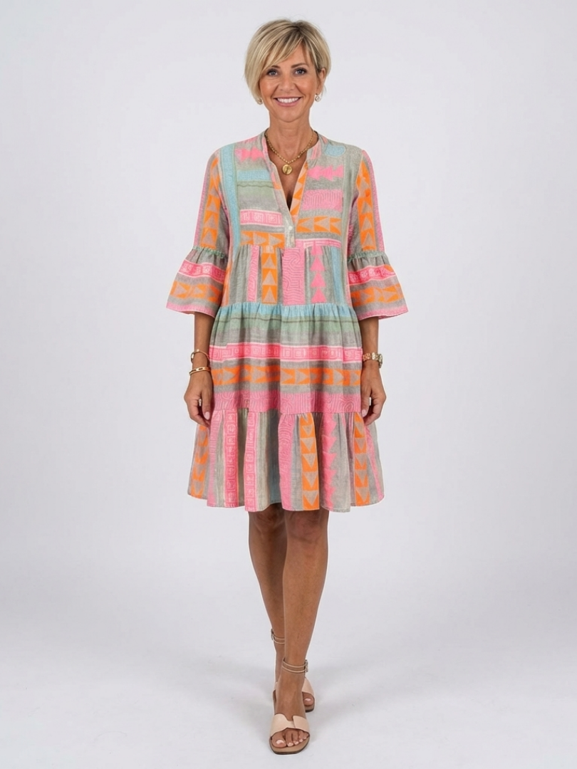 Maelle | Geometric Print V-Neck Tiered Dress Knee-Length