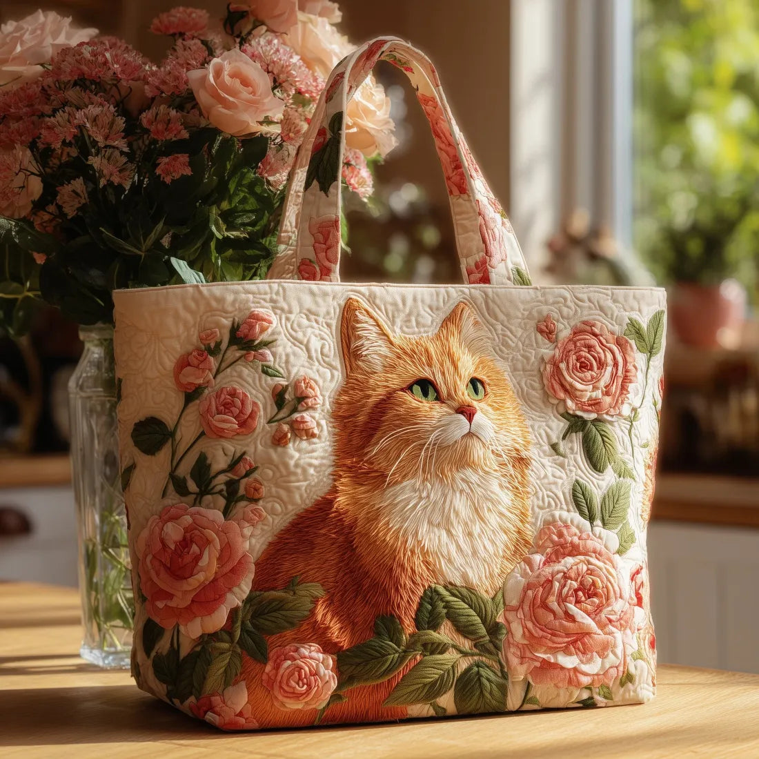 Handgjord väska – Röd katt med rosor
