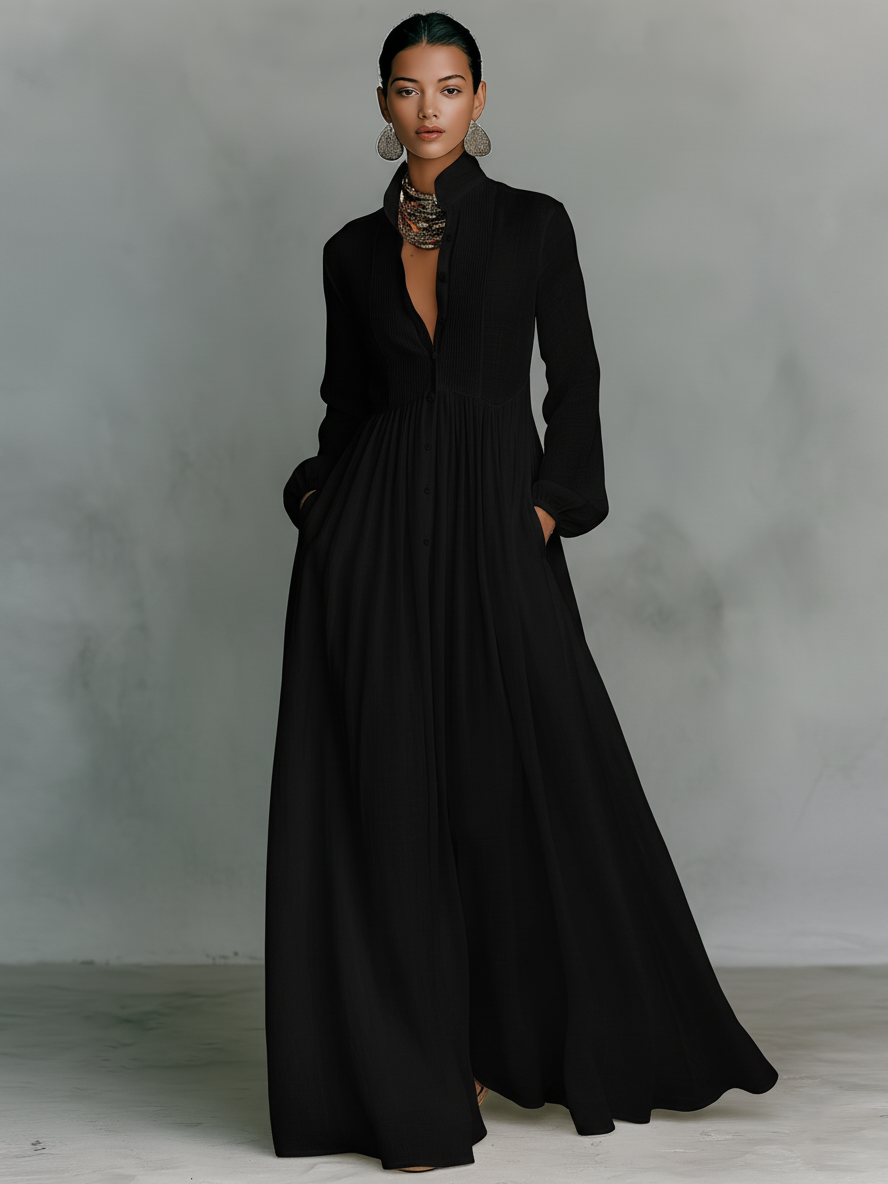 Patchwork Linen Maxi Dress with Stand Collar