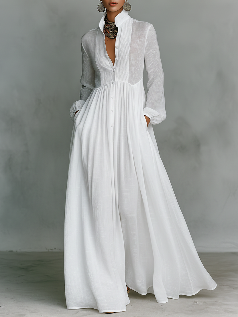 Patchwork Linen Maxi Dress with Stand Collar
