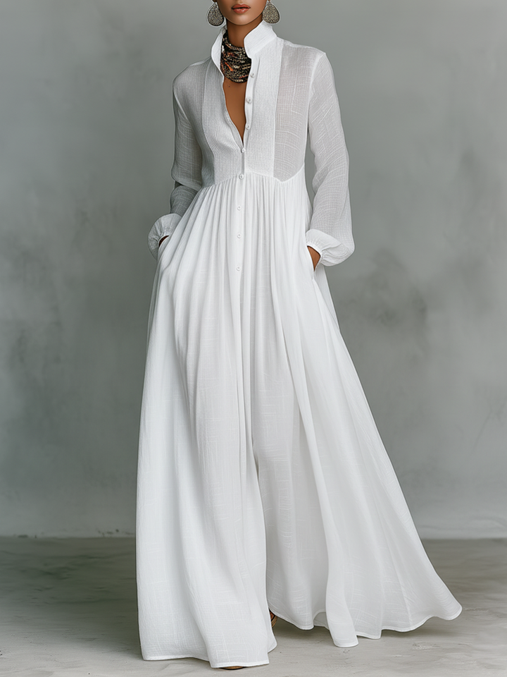 Patchwork Linen Maxi Dress with Stand Collar