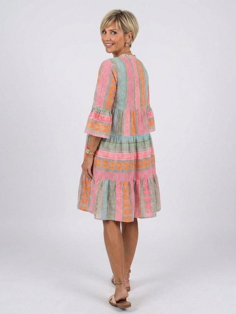 Maelle | Geometric Print V-Neck Tiered Dress Knee-Length