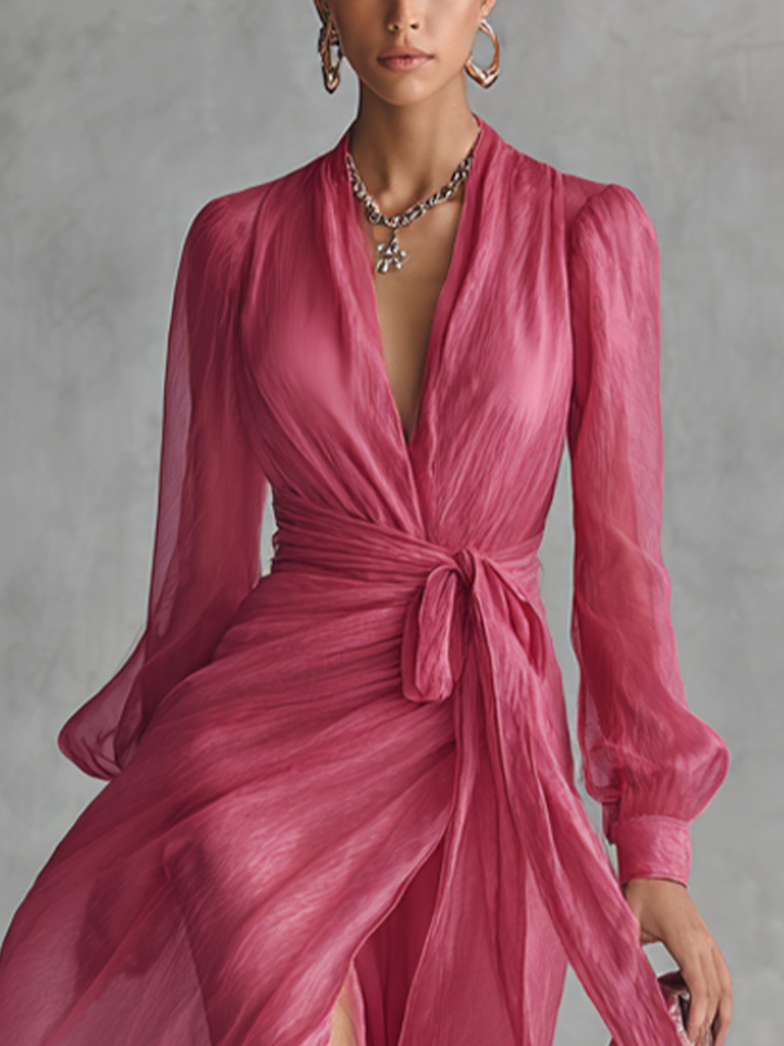 Rose Chiffon Dress with V-Neck