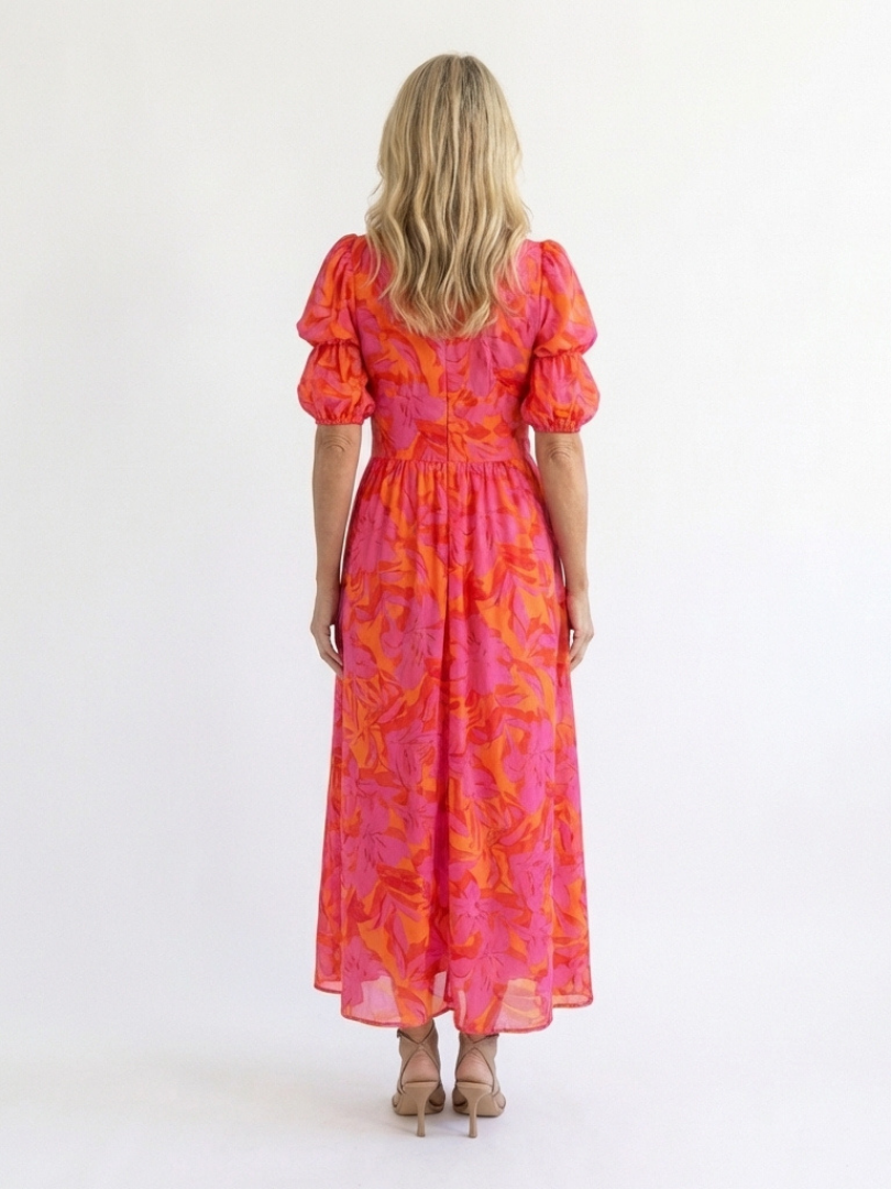 Willow | Floral V-Neck Midi Dress with Puff Sleeves