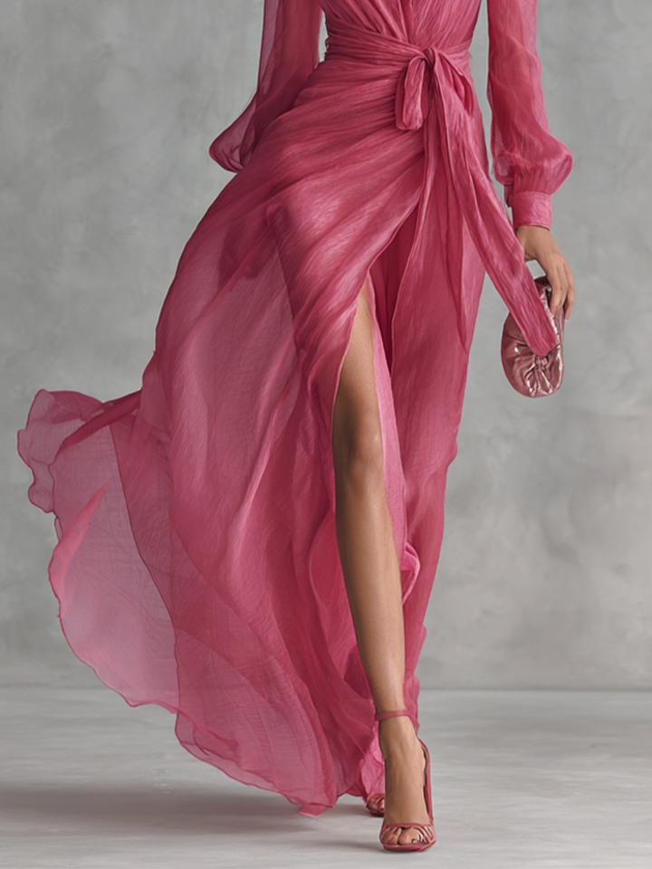 Rose Chiffon Dress with V-Neck