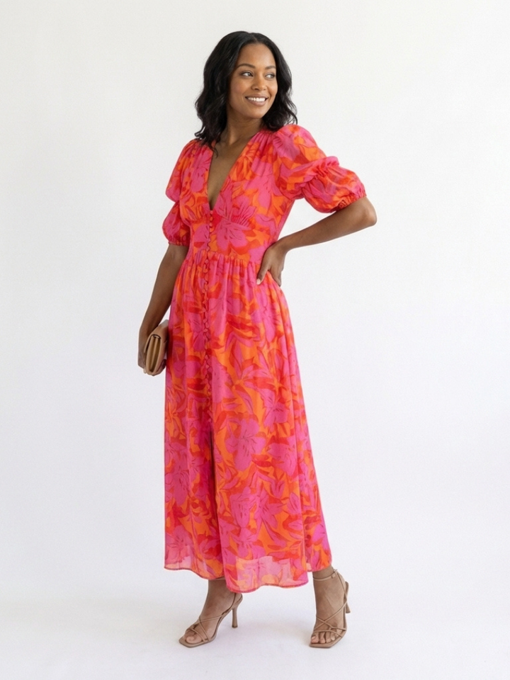 Willow | Floral V-Neck Midi Dress with Puff Sleeves