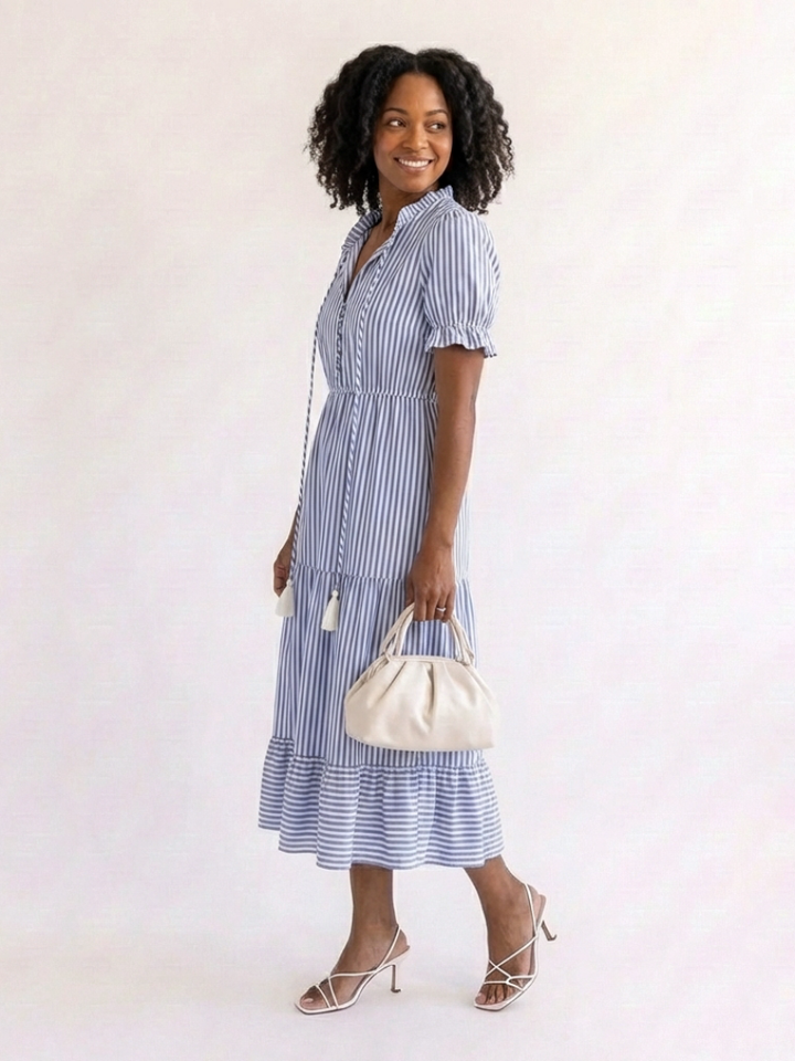 Dakota | Short-Sleeved Striped Layered Midi Dress