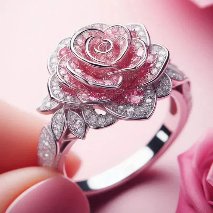 Exotisk silverring med rosa blommor