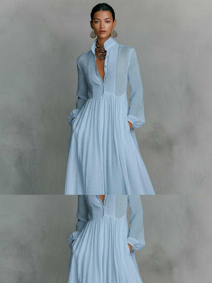 Patchwork Linen Maxi Dress with Stand Collar