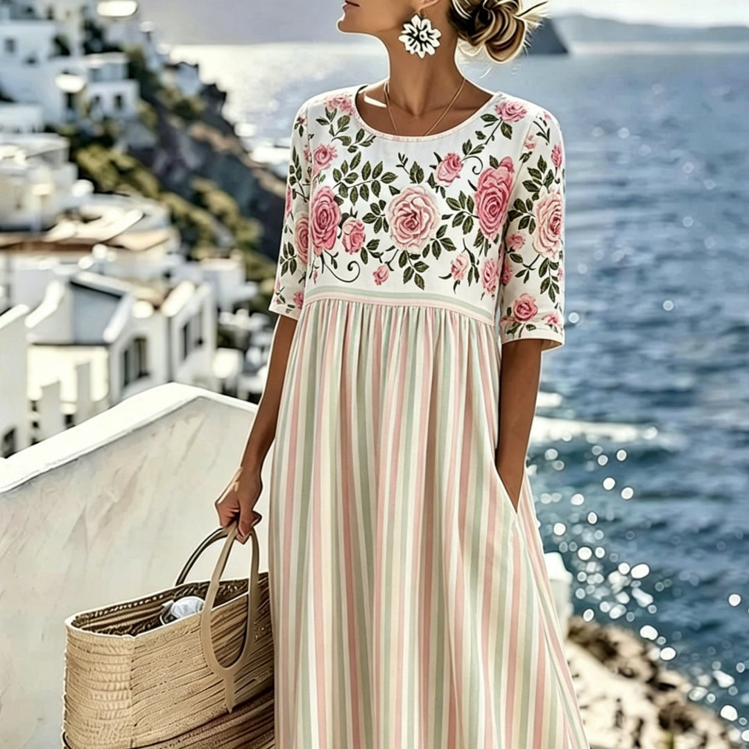 Elodie™ | Vintage Rose Stripe Midi Dress