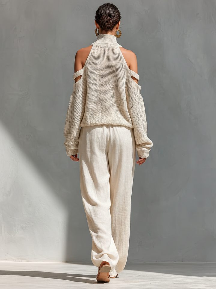 Thalia - Beige Knit Off-Shoulder Turtleneck Top & Wide Leg Pants Set