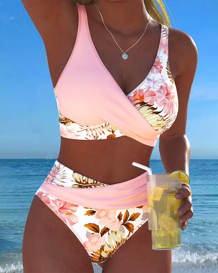 Bikini with Contrasting Floral Pattern and Split