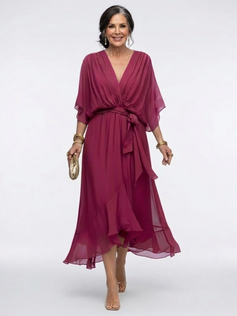 Elysia | V-Neck Draped Waist Midi Dress