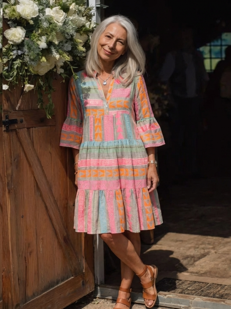 Maelle | Geometric Print V-Neck Tiered Dress Knee-Length