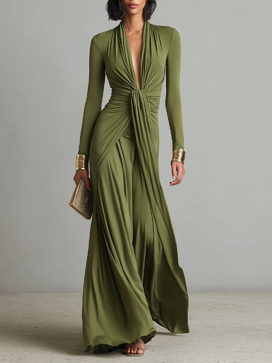 Olive Silk Maxi Dress V-Neck