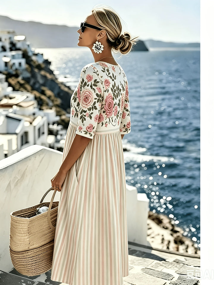 Elodie™ | Vintage Rose Stripe Midi Dress