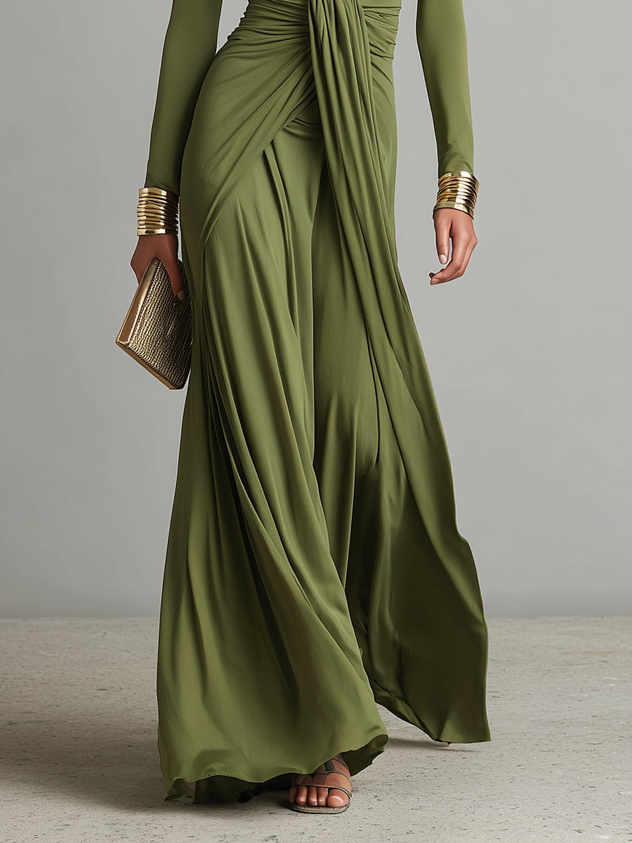 Olive Silk Maxi Dress V-Neck