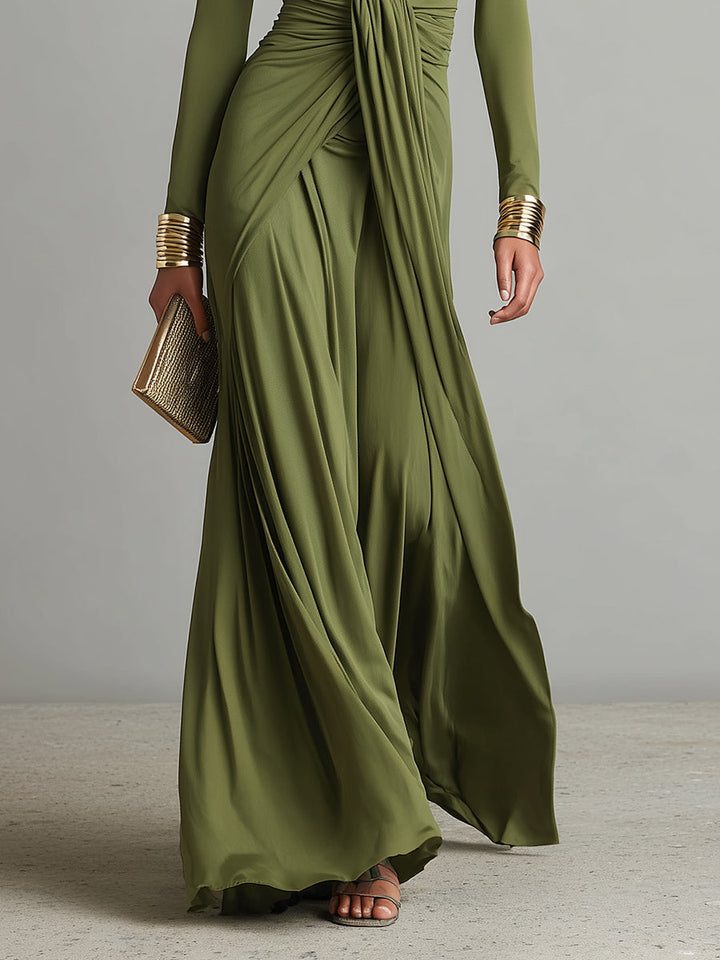 Olive Silk Maxi Dress V-Neck