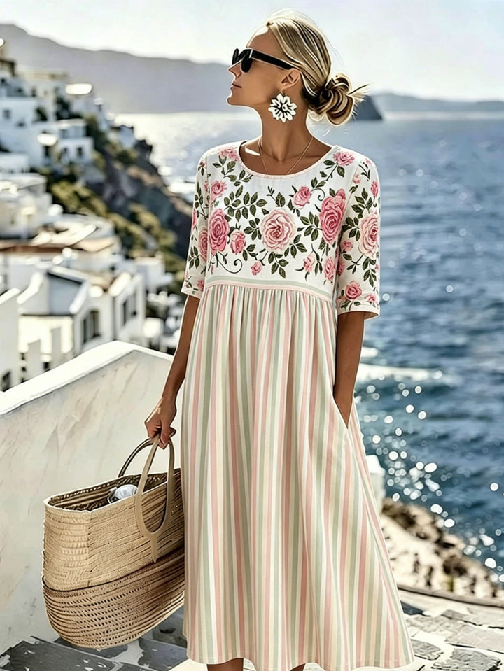 Elodie™ | Vintage Rose Stripe Midi Dress
