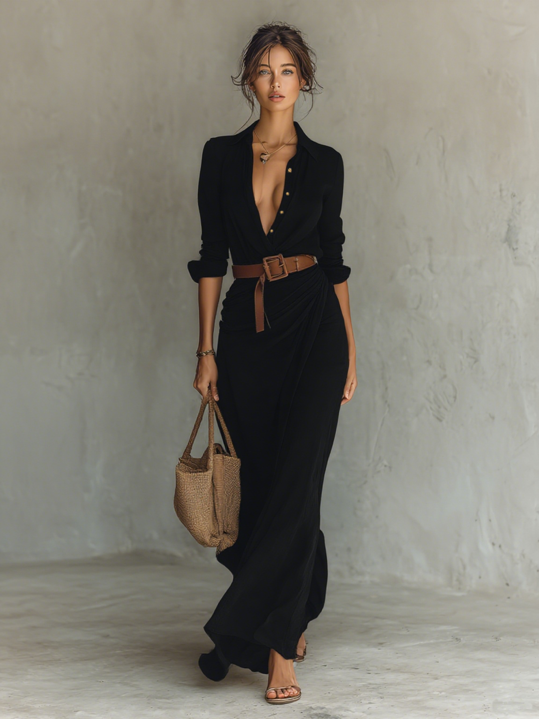 Maxi Dress with Notched Collar and Long Sleeves